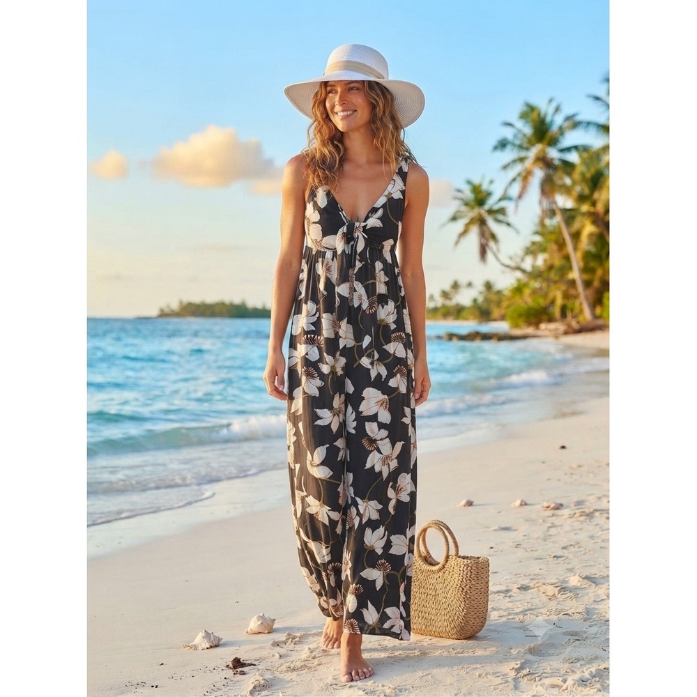 Volcom Shore Shackin Dress Black White Floral Maxi Tie Front tropical sz small